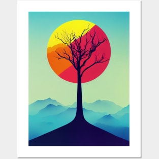 Lonely Tree in Misty Mountains at Dusk Vibrant Colored Whimsical Minimalist - Abstract Minimalist Bright Colorful Nature Poster Art of a Leafless Branches Posters and Art